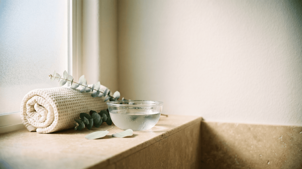 Verkoelende spa-omgeving met handdoek, eucalyptus en water voor intiem comfort bij warm weer