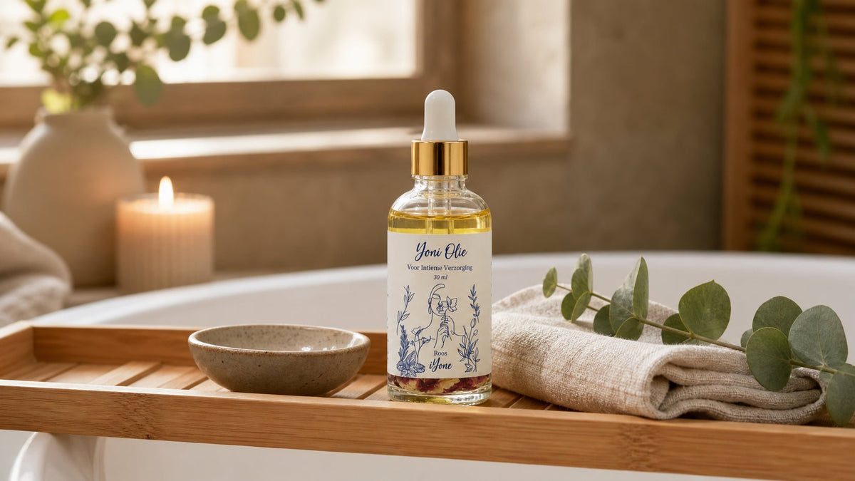 iYone Yoni Olie flesje op een badplank in een rustige spa-sfeer