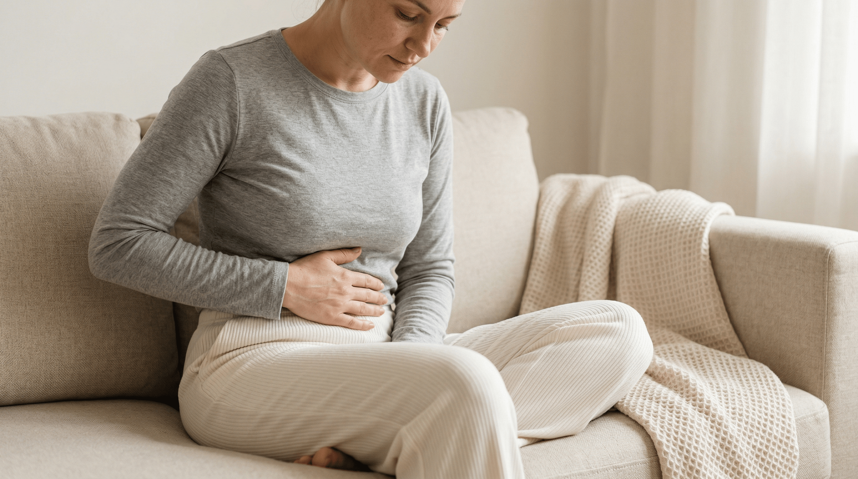Vrouw met menstruatiepijn zoekt ontspanning en intiem comfort thuis op de bank met Yoni selfcare