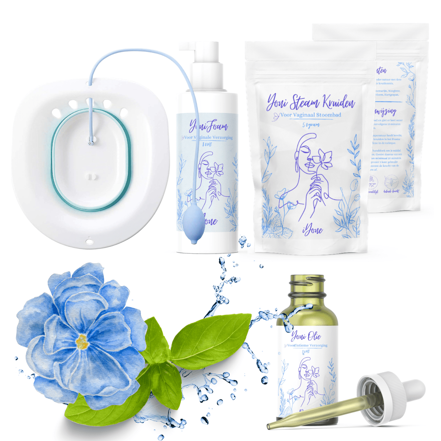 iYone Yoni Stoombad Premium Bundel - complete intieme routine met stoombad, 50 g stoombadkruiden, Yoni Olie Roos 30 ml en Yoni Foam 150 ml