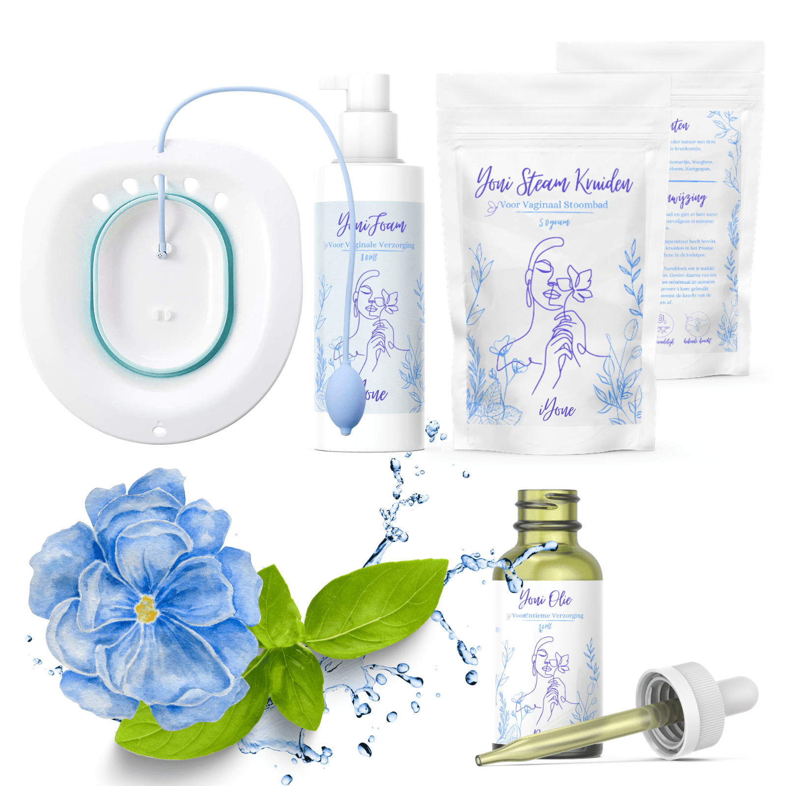 iYone Yoni Stoombad Premium Bundel - complete intieme routine met stoombad, 50 g stoombadkruiden, Yoni Olie Roos 30 ml en Yoni Foam 150 ml