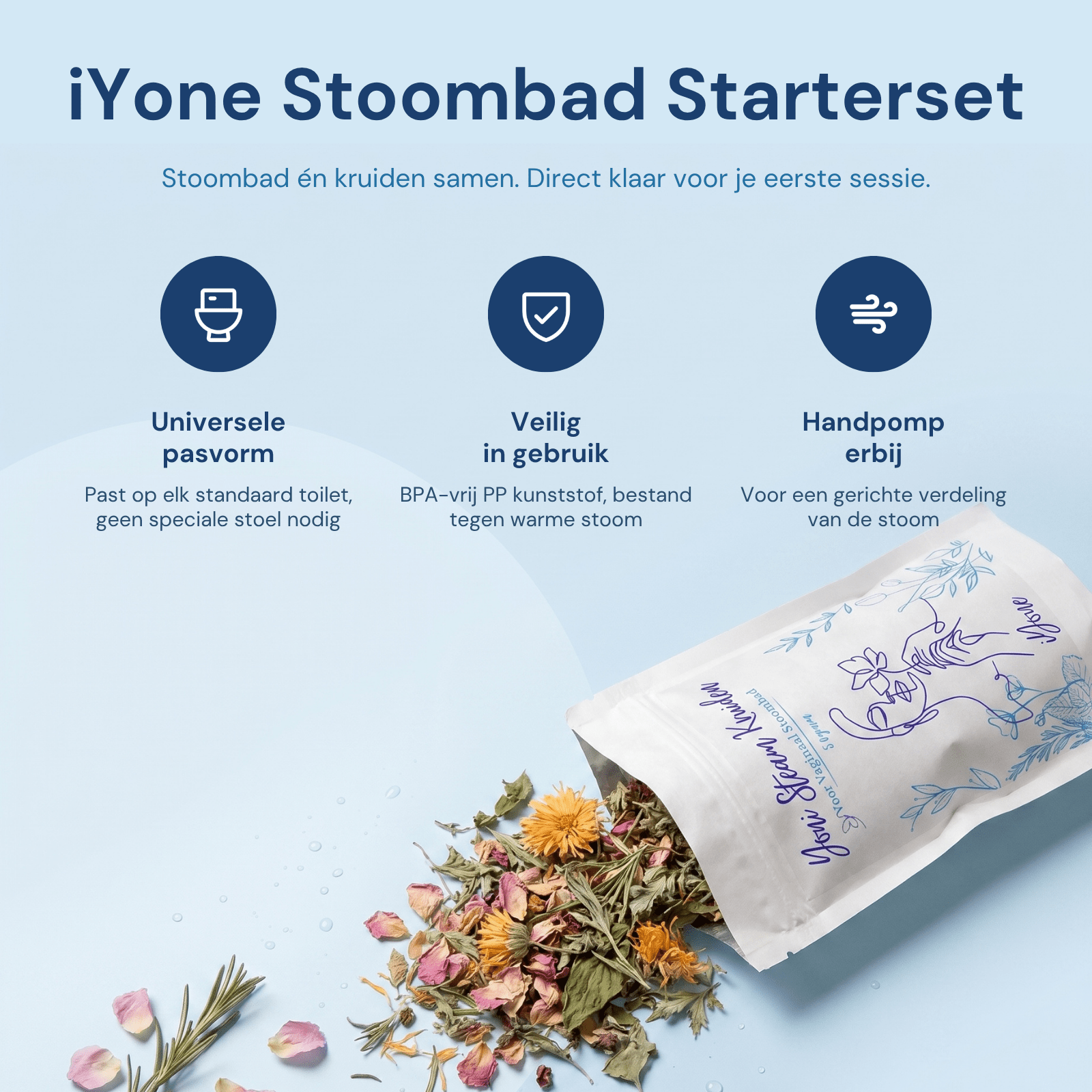 iYone Stoombad Starterset productspecs - universele pasvorm, veilig in gebruik BPA-vrij, handpomp erbij