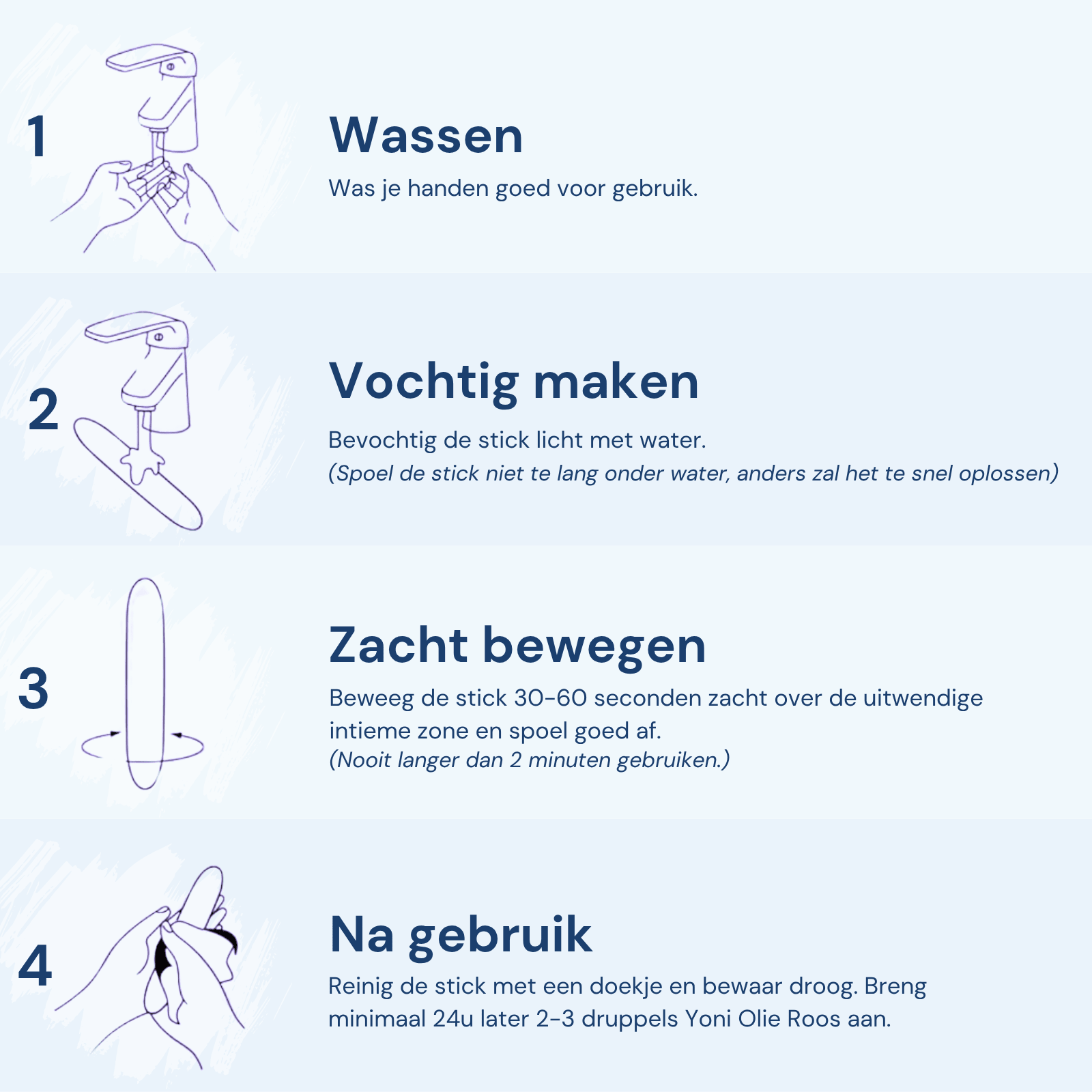 Handleiding iYone Yoni Stick - wassen, bevochtigen, zacht bewegen over uitwendige zone, na gebruik reinigen en olie na 24 uur