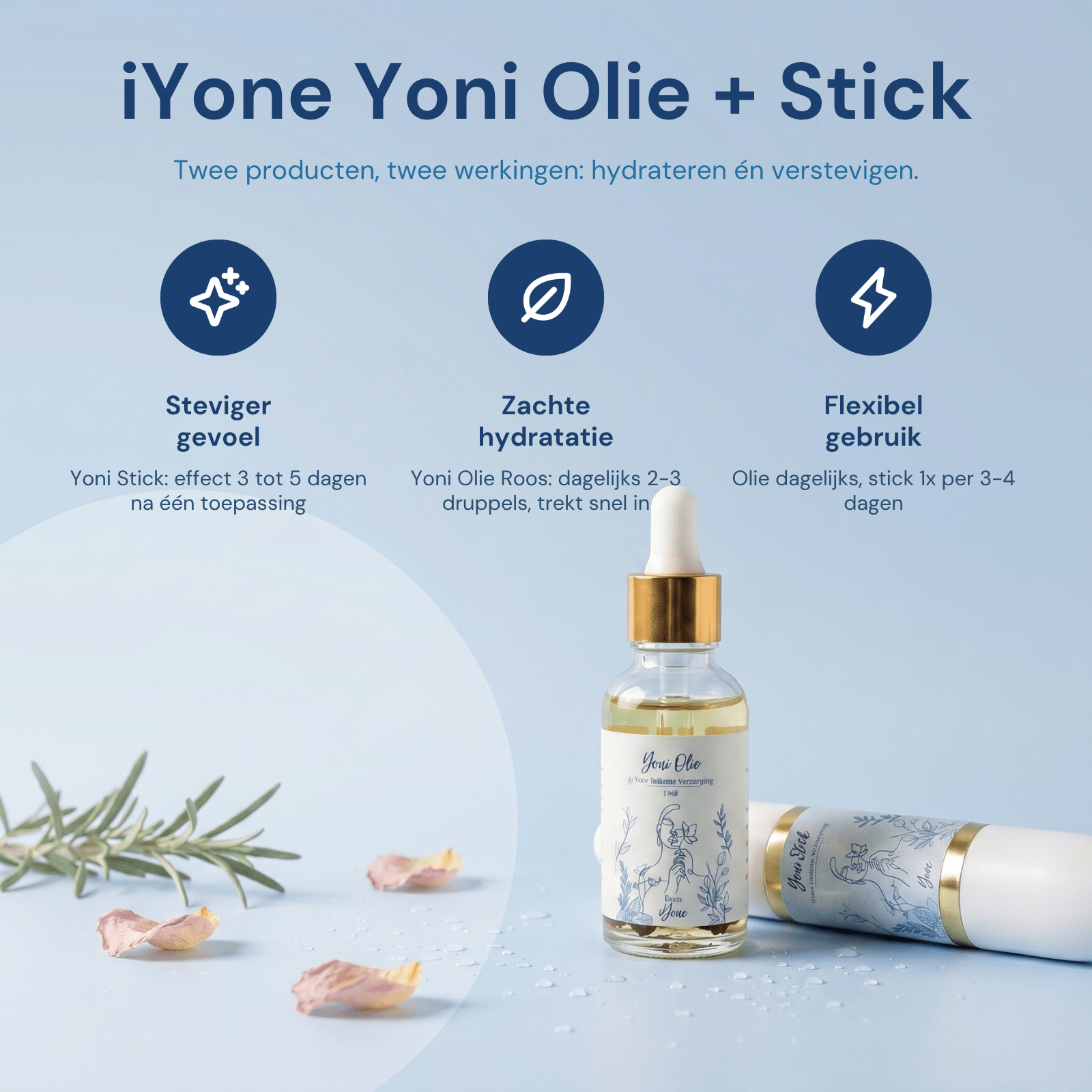 iYone Yoni Olie + Stick productspecs - steviger gevoel, zachte hydratatie, flexibel gebruik