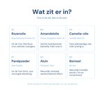 Zes ingredienten in iYone Olie + Stick duo - rozenolie, amandelolie, camelia-olie, parelpoeder, aluin, borneol