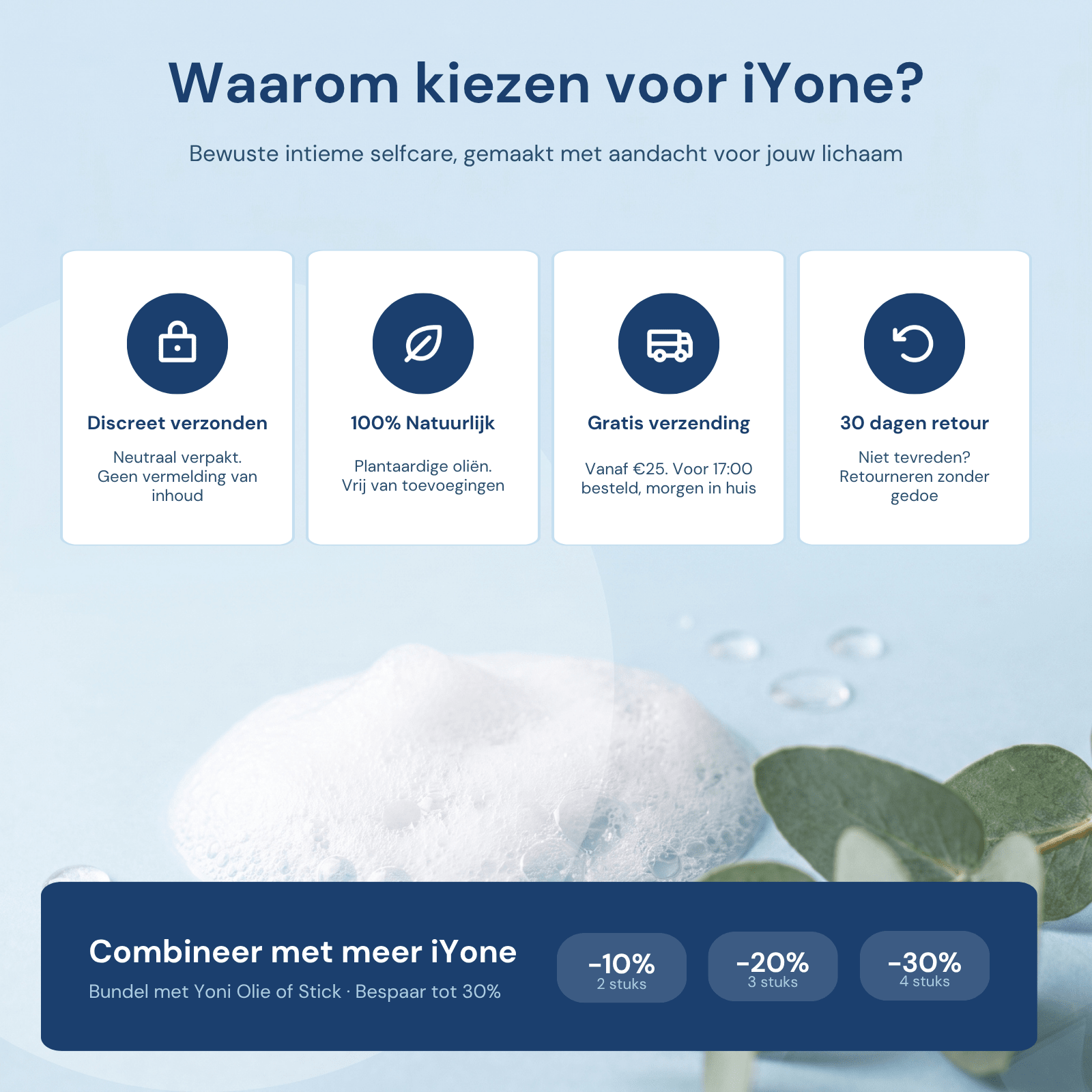 Waarom kiezen voor iYone - discreet verzonden, 100% natuurlijk, gratis verzending, 30 dagen retour en combineer met Yoni Olie of Stick