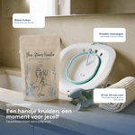 Zo bereid je het voor - water koken, een handje kruiden 5-10 min laten trekken, 10-20 minuten rust boven de stoom