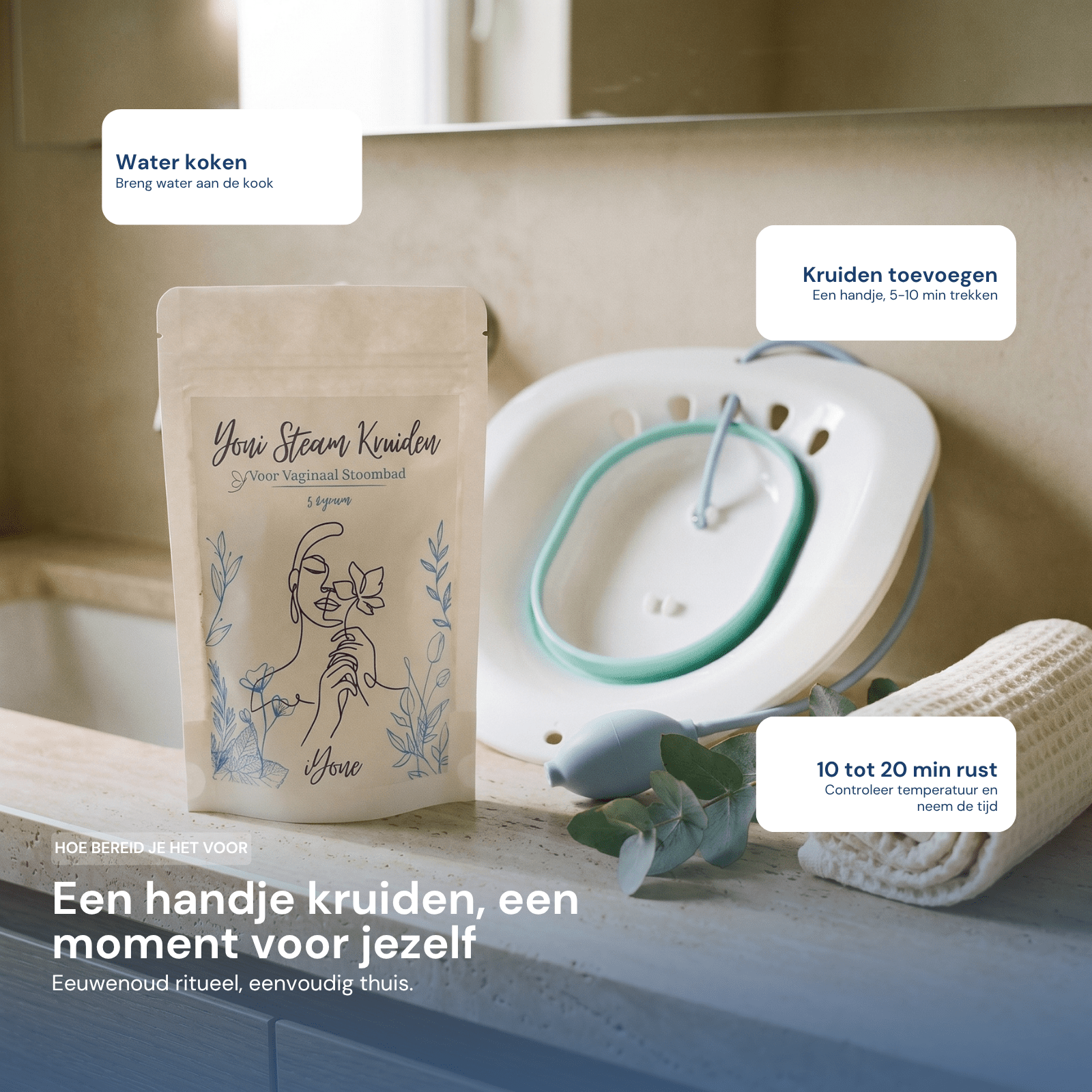 Zo bereid je het voor - water koken, een handje kruiden 5-10 min laten trekken, 10-20 minuten rust boven de stoom