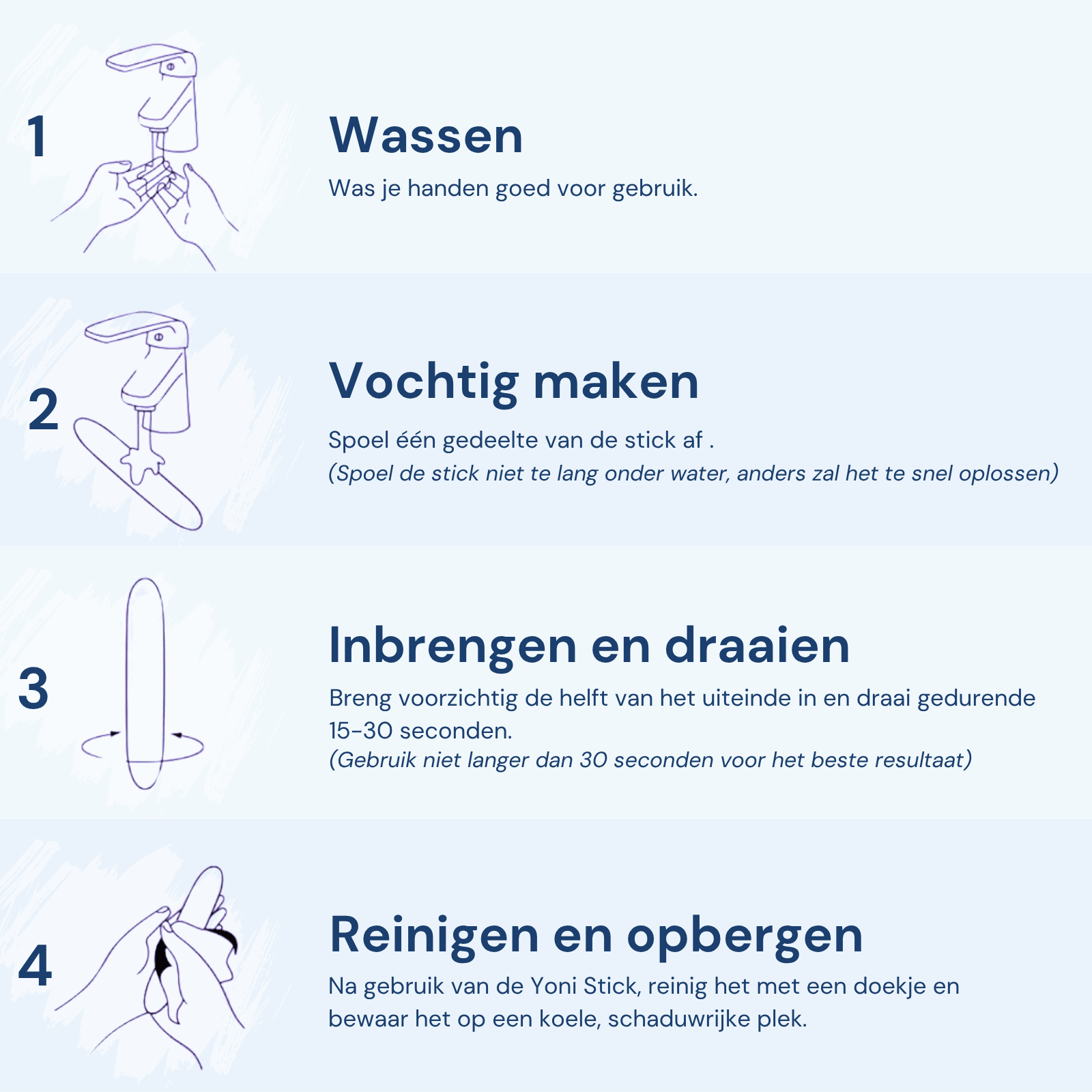 iYone Yoni Stick handleiding - wassen, vochtig maken, kort aanbrengen en na gebruik reinigen en droog bewaren