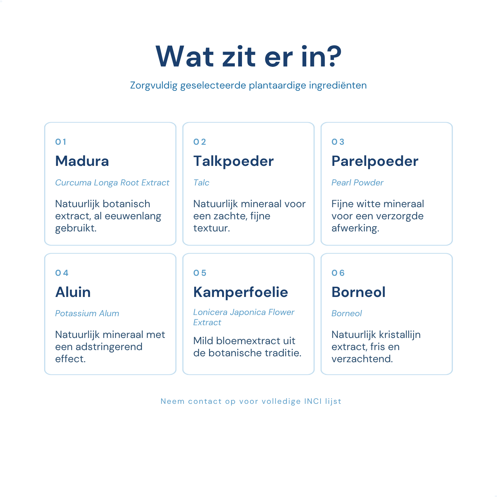 iYone Yoni Stick ingredienten - Madura, talkpoeder, parelpoeder, aluin, kamperfoelie en borneol