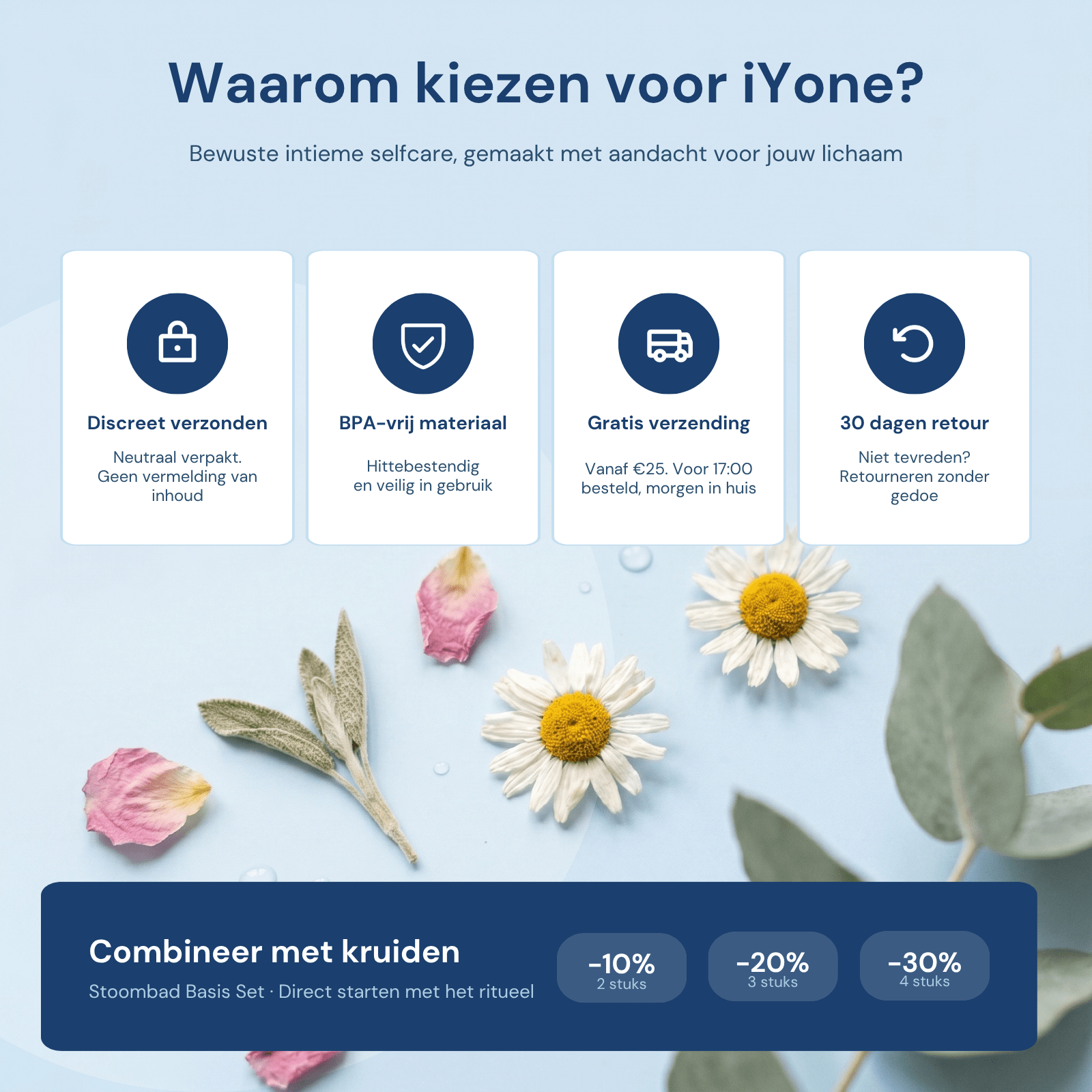 Waarom kiezen voor iYone - discreet verzonden, BPA-vrij materiaal, gratis verzending, 30 dagen retour en combineer met stoombadkruiden